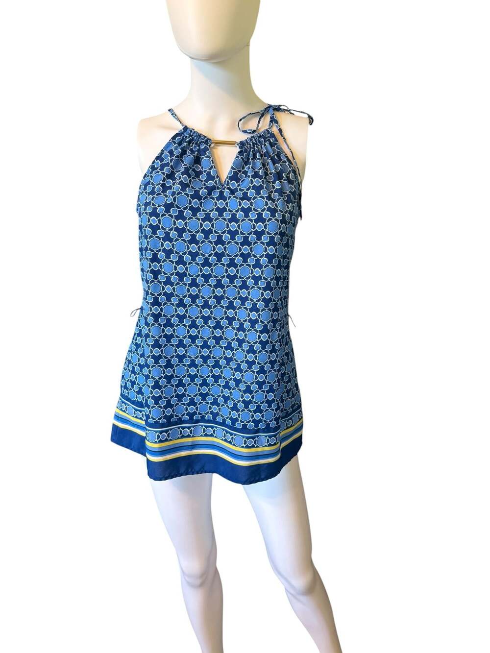 New York & Company Blue Geometic Print Halter Sleeveless Tank Top